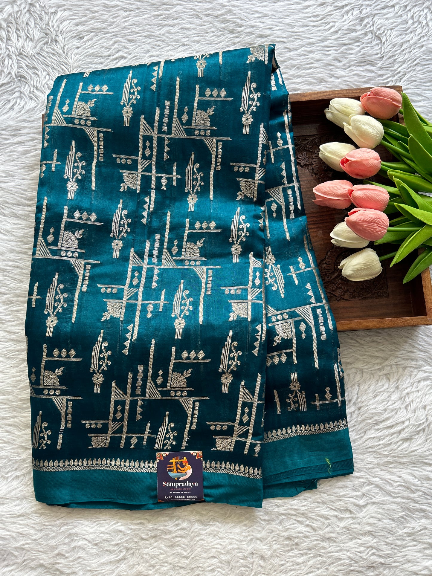 Dupion Silk Saree Turquoise Blue Colored Complemented with a Plain Border. - Sampradaya Designer Studio