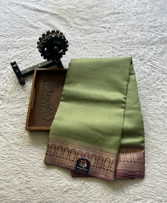Viscose Georgette Saree Light Green Colored Complemented with a Lavender Color Zari Border. - Sampradaya Designer Studio