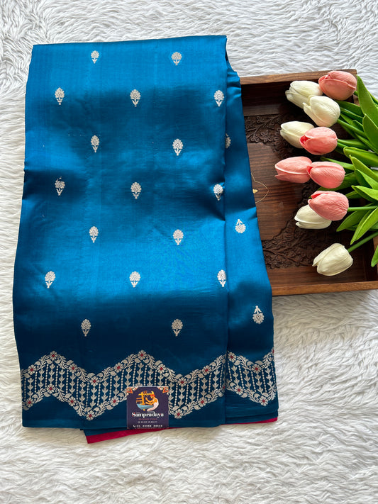 Dupion Silk Saree Blue Colored Complemented with a Zari Border. - Sampradaya Designer Studio