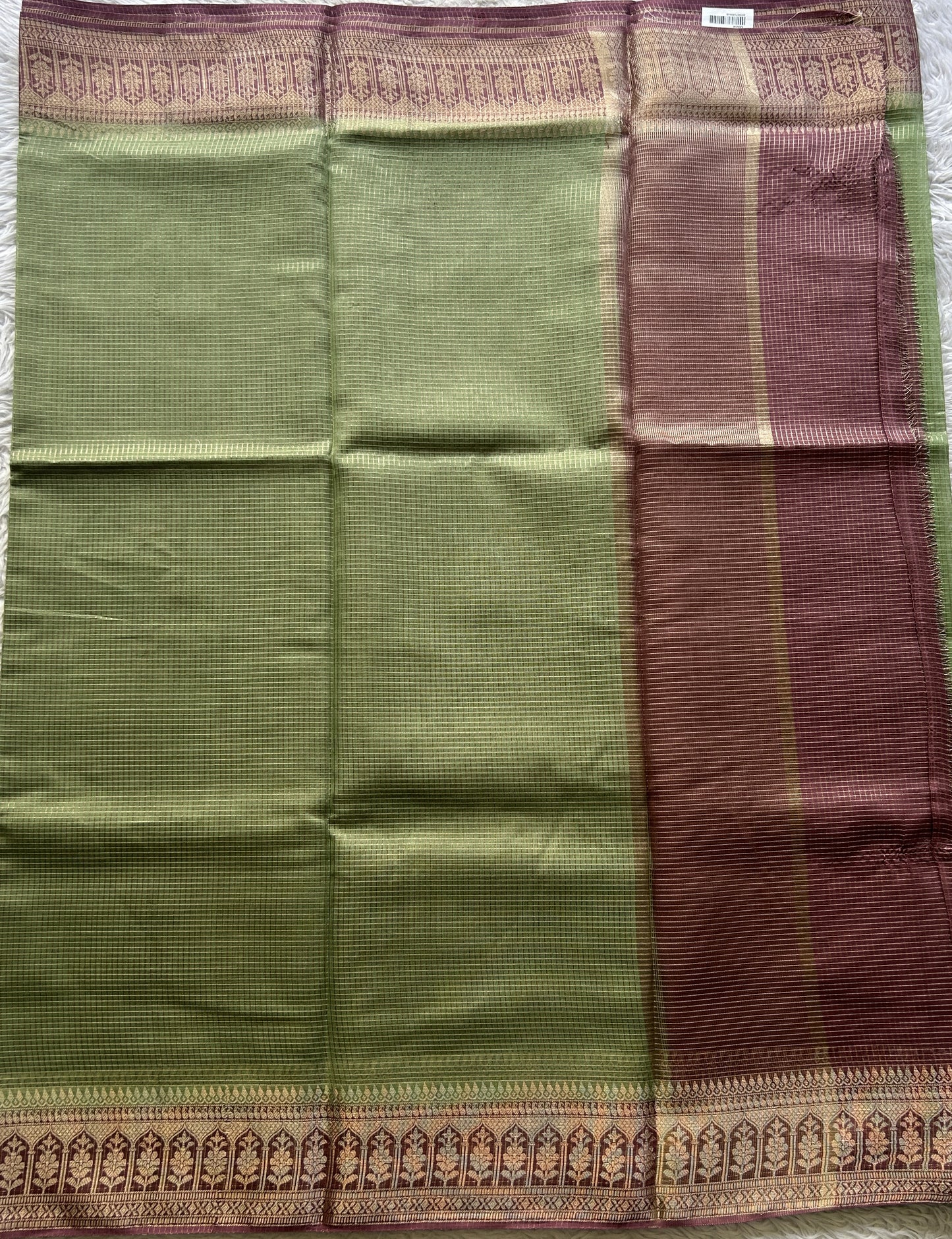 Viscose Georgette Saree Light Green Colored Complemented with a Lavender Color Zari Border. - Sampradaya Designer Studio