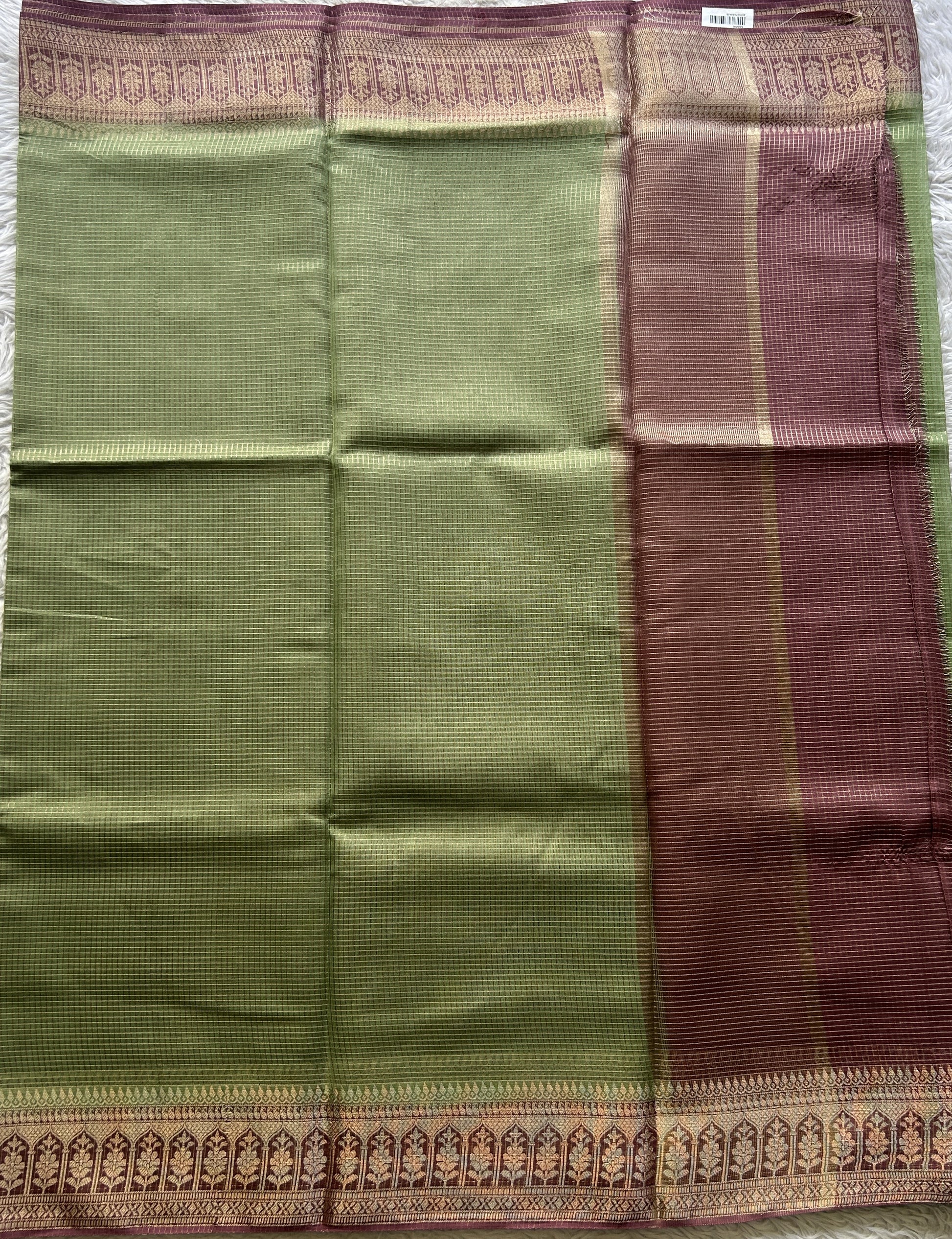 Viscose Georgette Saree Light Green Colored Complemented with a Lavender Color Zari Border. - Sampradaya Designer Studio