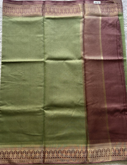 Viscose Georgette Saree Light Green Colored Complemented with a Lavender Color Zari Border. - Sampradaya Designer Studio