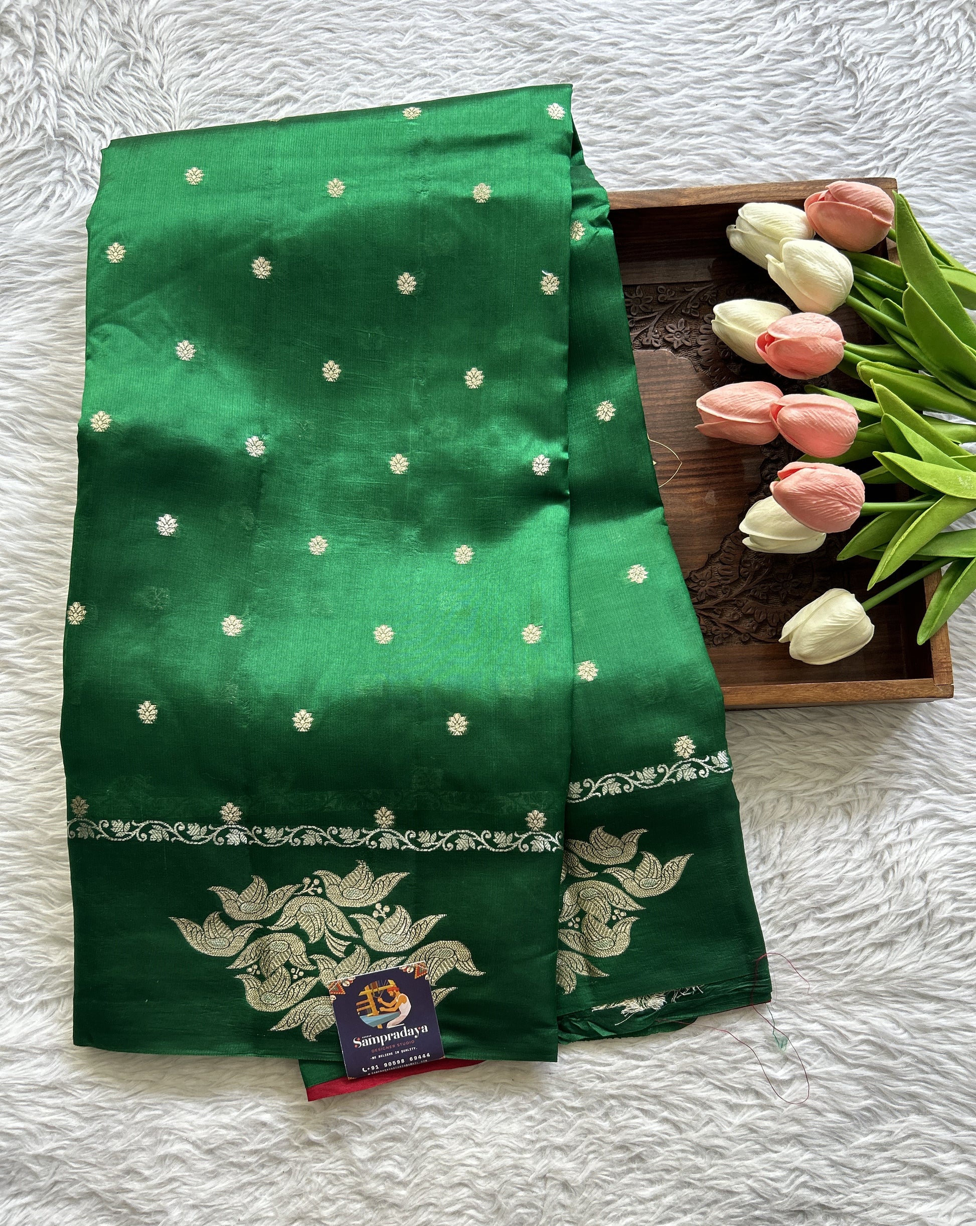 Dupion Silk Saree Green Colored Complemented with a Buti Border. - Sampradaya Designer Studio