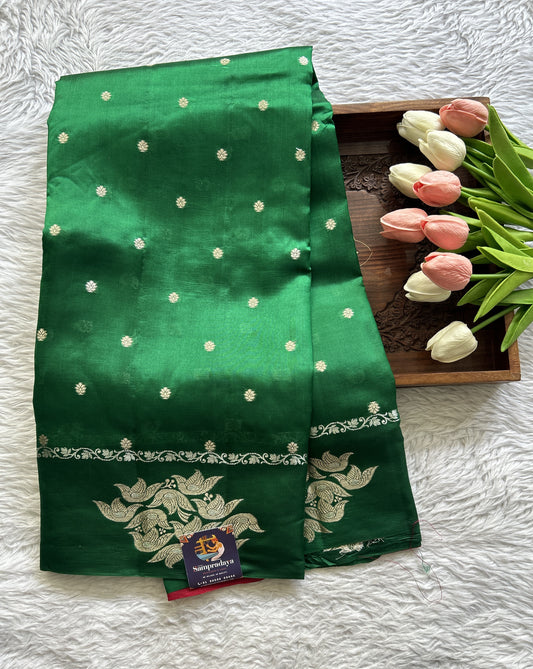 Dupion Silk Saree Green Colored Complemented with a Buti Border. - Sampradaya Designer Studio