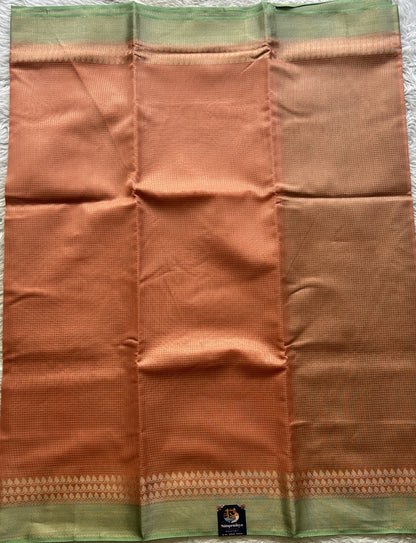 Viscose Georgette Saree Peach Colored Complemented with a Light Green Color Zari Border. - Sampradaya Designer Studio