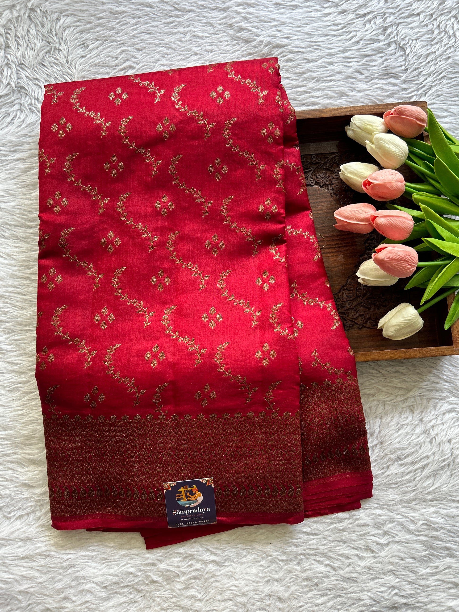 Banarasi Raw Silk Sarees Red Colored Complemented With a Intricate Weaving Border - Sampradaya Designer Studio