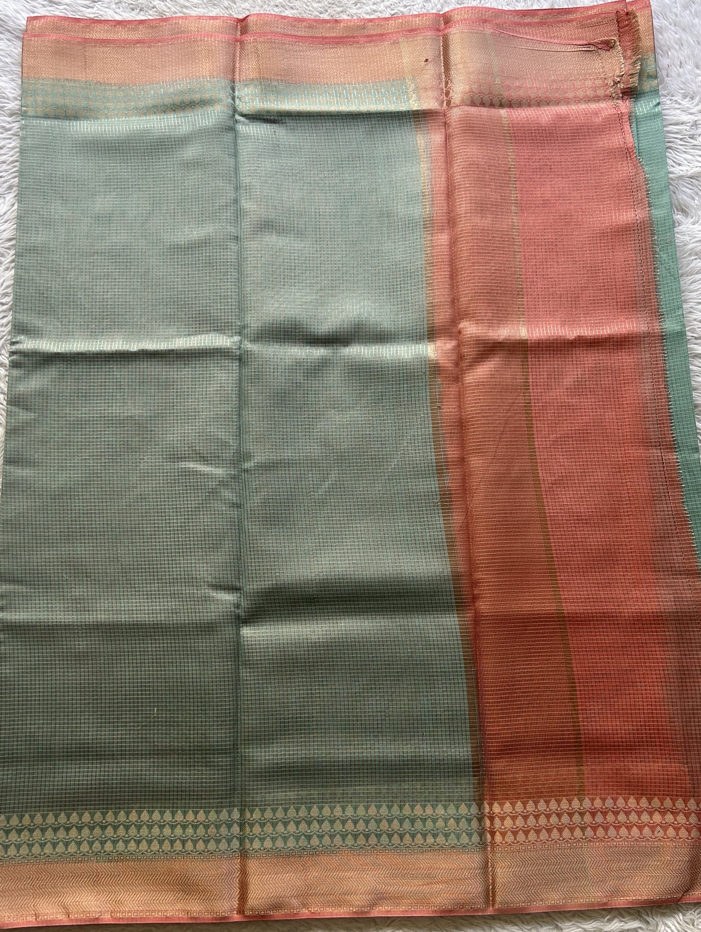 Viscose Georgette Saree Light Sky Blue Colored Complemented with a Peach Zari Border. - Sampradaya Designer Studio