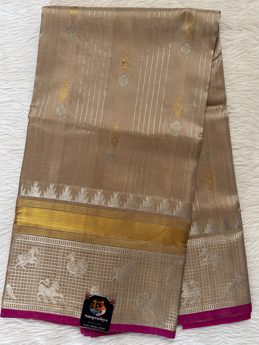 Venkatagiri Pattu Saree Sand Colored Complemented With a Pattu Checks Border - Sampradaya Designer Studio