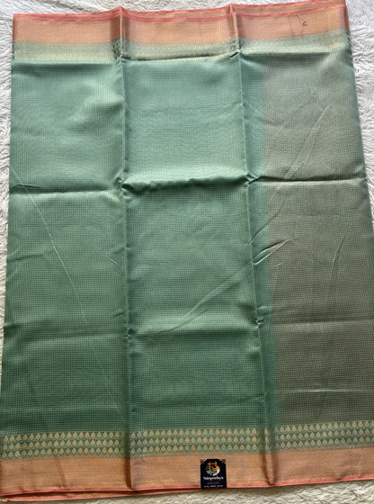 Viscose Georgette Saree Light Sky Blue Colored Complemented with a Peach Zari Border. - Sampradaya Designer Studio