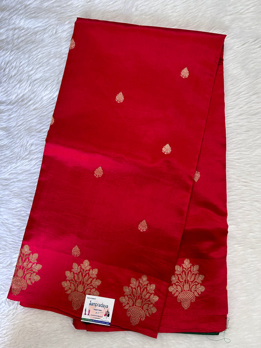 Raw Mango or Pooniya Silk Saree Blood Red Colored Complemented With a Mashru Border - Sampradaya Designer Studio