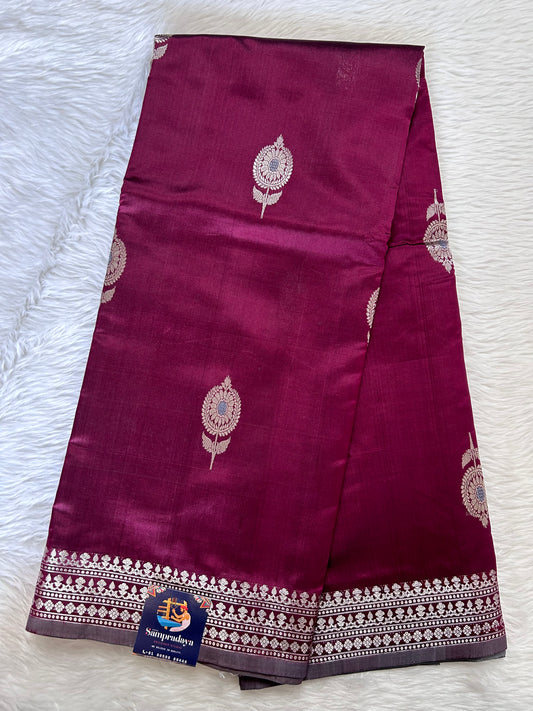 Raw Mango or Pooniya Silk Saree Burgundy Colored Complemented With a Silver Zari Border - Sampradaya Designer Studio