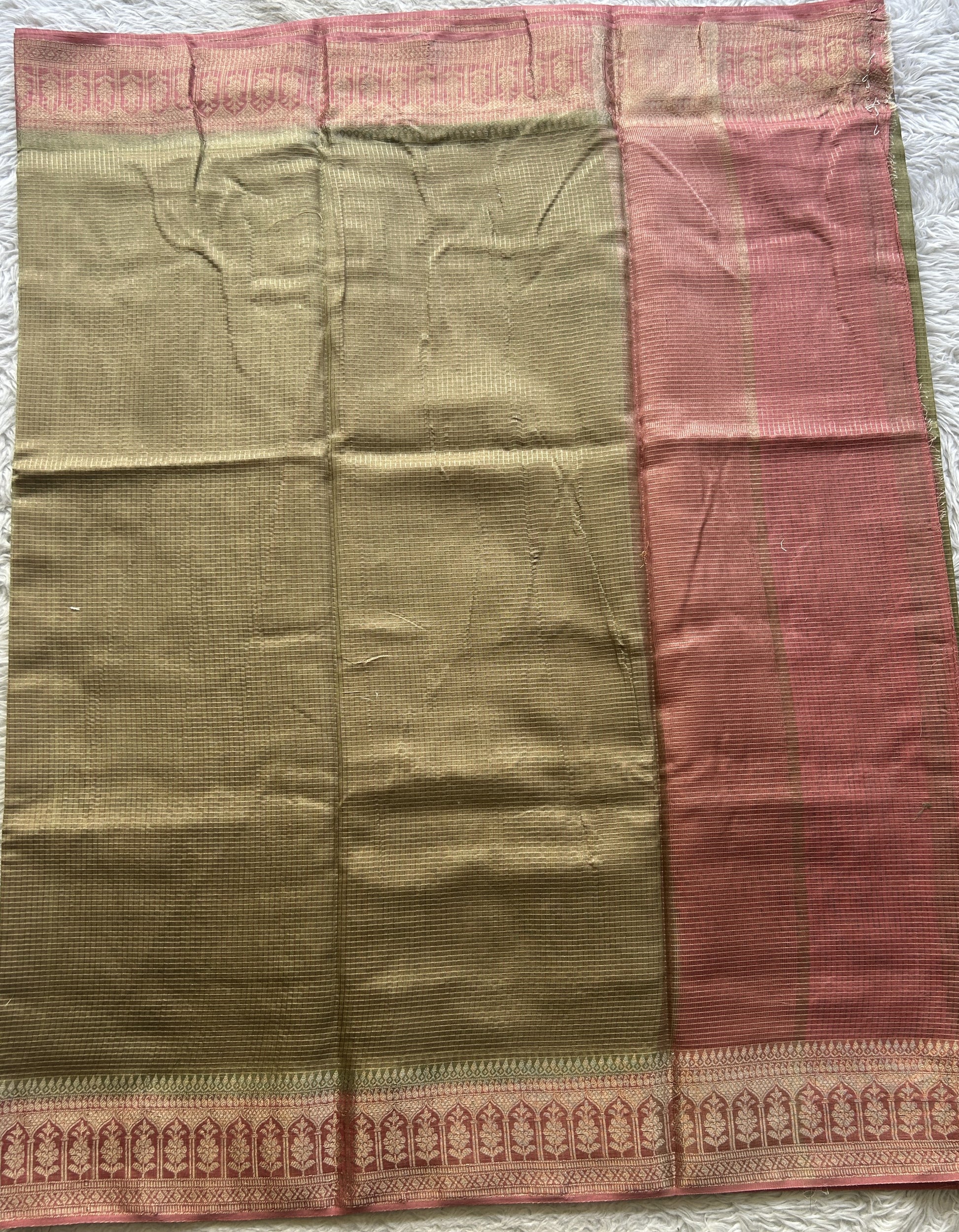 Viscose Georgette Saree Olive Green Colored Complemented with a Zari Border. - Sampradaya Designer Studio