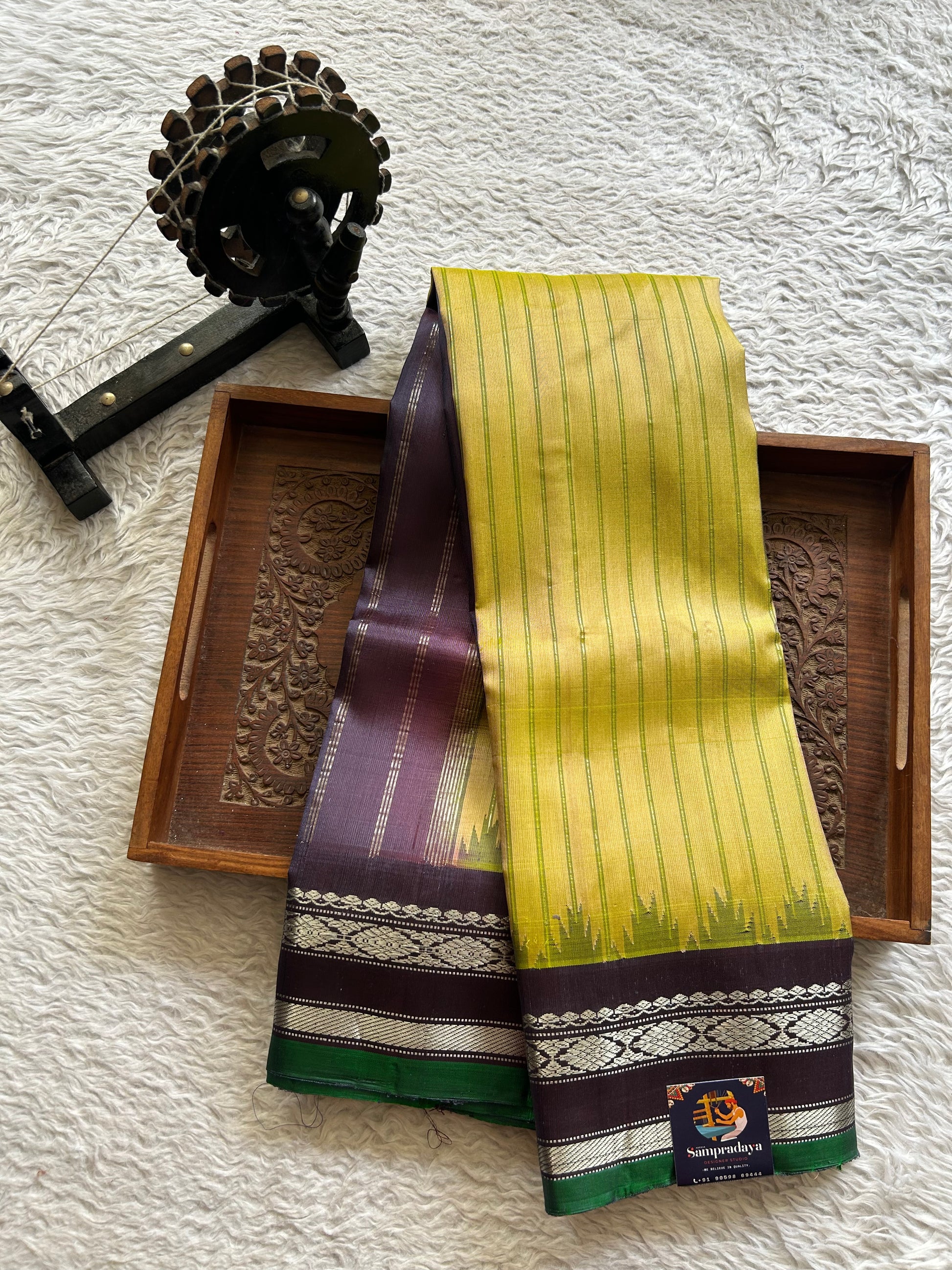 Gadwal Silk Saree Mustard Yellow Colored Complemented With a Greyish blue Temple Border, Silve Zari Weaving - Sampradaya Designer Studio