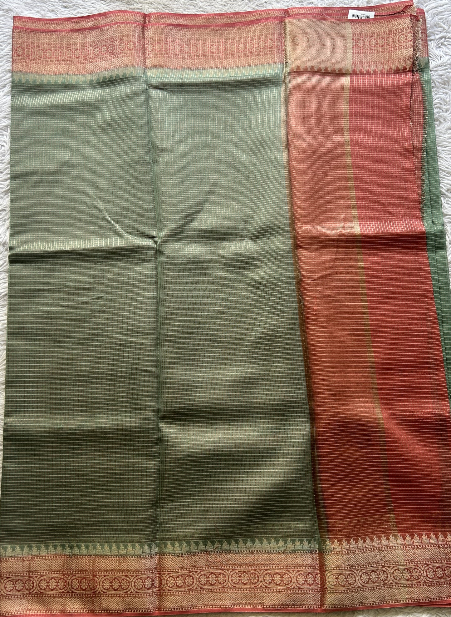 Viscose Georgette Saree Sea Green Colored Complemented with a peach Color Zari Border. - Sampradaya Designer Studio