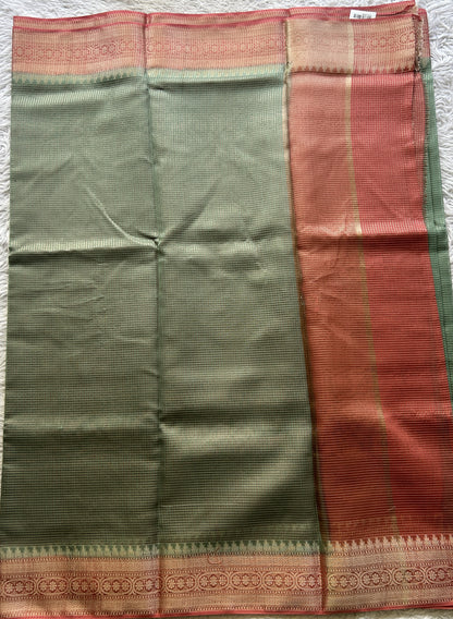 Viscose Georgette Saree Sea Green Colored Complemented with a peach Color Zari Border. - Sampradaya Designer Studio