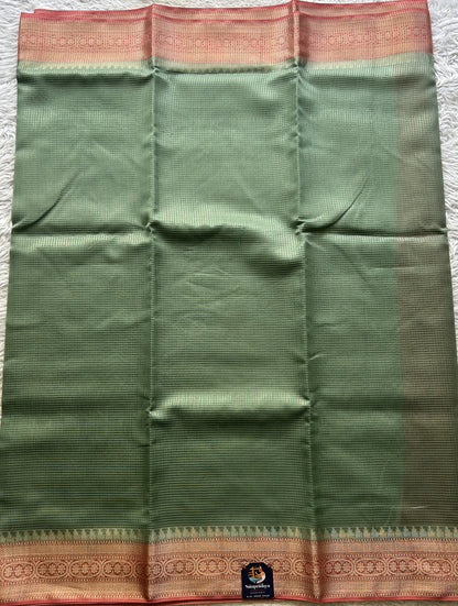 Viscose Georgette Saree Sea Green Colored Complemented with a peach Color Zari Border. - Sampradaya Designer Studio