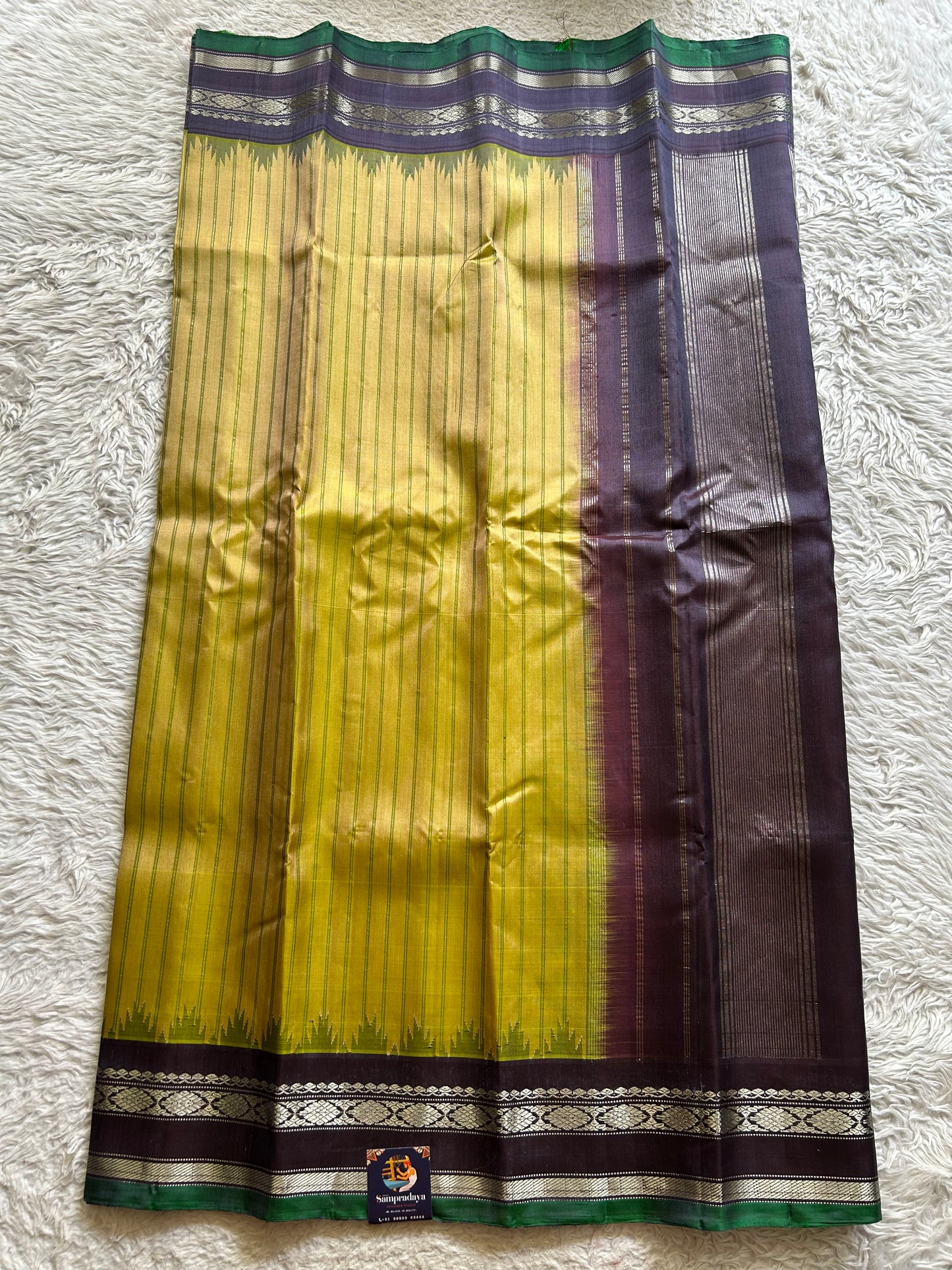 Gadwal Silk Saree Mustard Yellow Colored Complemented With a Greyish blue Temple Border, Silve Zari Weaving - Sampradaya Designer Studio