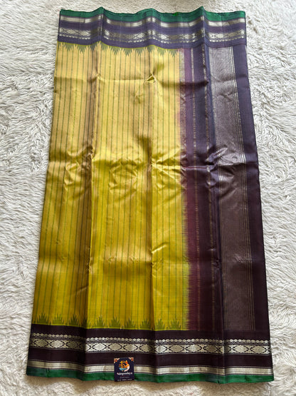 Gadwal Silk Saree Mustard Yellow Colored Complemented With a Greyish blue Temple Border, Silve Zari Weaving - Sampradaya Designer Studio