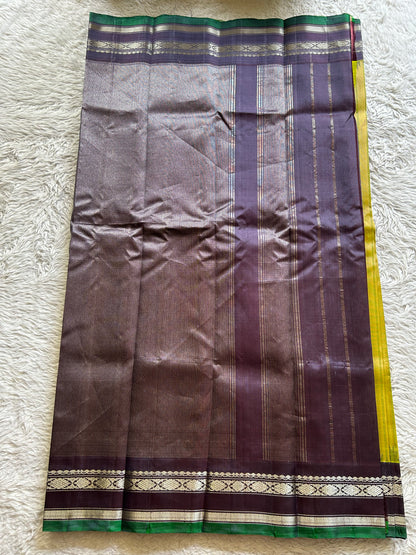 Gadwal Silk Saree Mustard Yellow Colored Complemented With a Greyish blue Temple Border, Silve Zari Weaving - Sampradaya Designer Studio