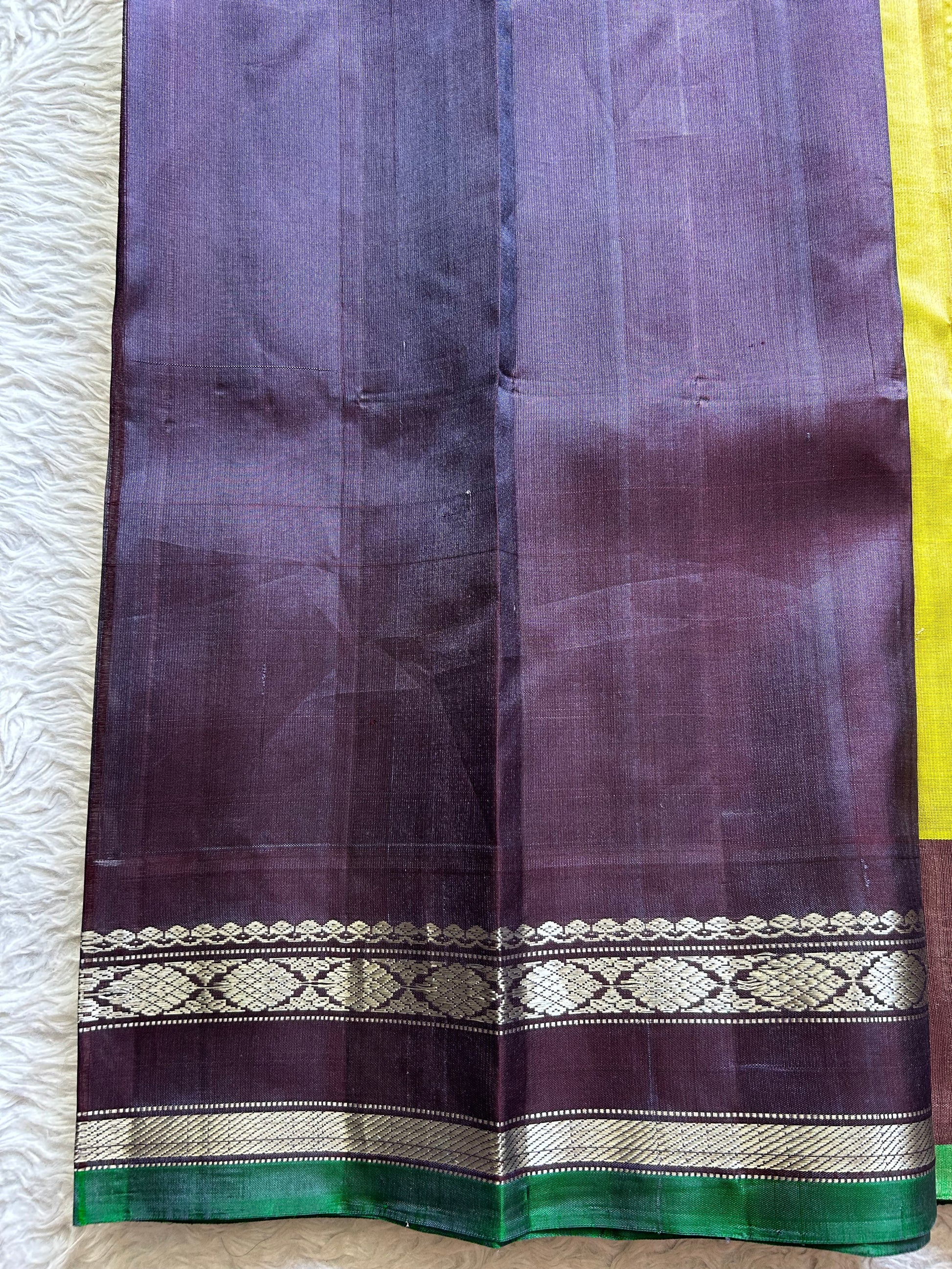 Gadwal Silk Saree Mustard Yellow Colored Complemented With a Greyish blue Temple Border, Silve Zari Weaving - Sampradaya Designer Studio