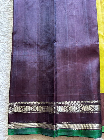 Gadwal Silk Saree Mustard Yellow Colored Complemented With a Greyish blue Temple Border, Silve Zari Weaving - Sampradaya Designer Studio