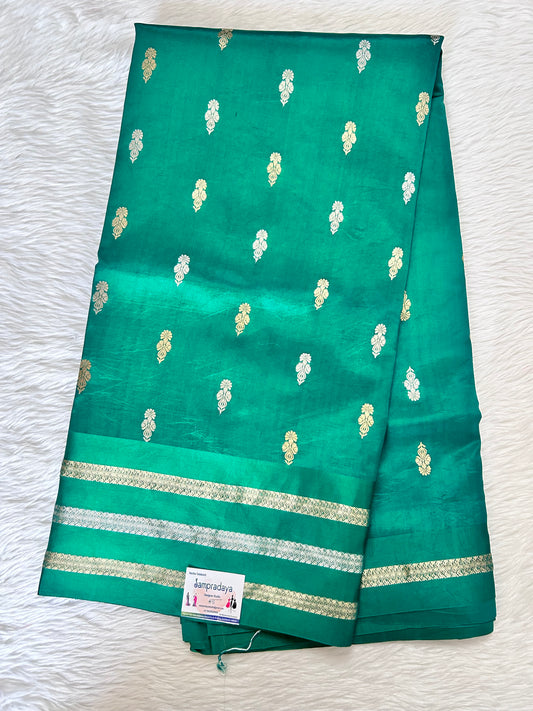 Raw Mango or Pooniya Silk Saree Turquoise Blue Colored Complemented With Zari Gap Border - Sampradaya Designer Studio