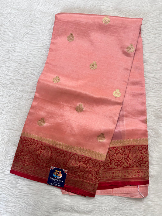 Raw Mango or Pooniya Silk Saree Peach Colored Complemented With a Maroon Zari Border - Sampradaya Designer Studio