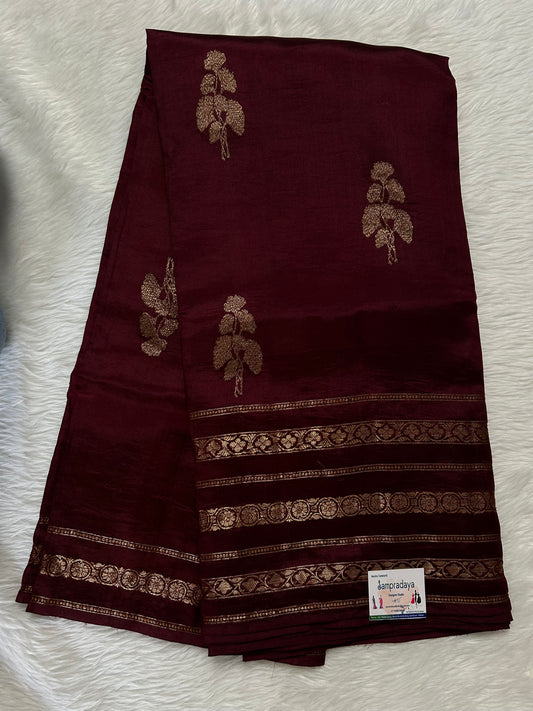 Raw Mango or Pooniya Silk Saree Brown Colored Complemented With a Gold Zari Gap Border - Sampradaya Designer Studio