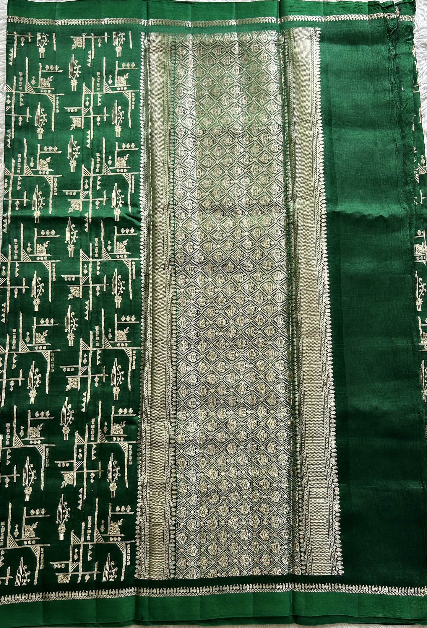 Dupion Silk Saree Bottle Green Colored Complemented with a Plain Border. - Sampradaya Designer Studio