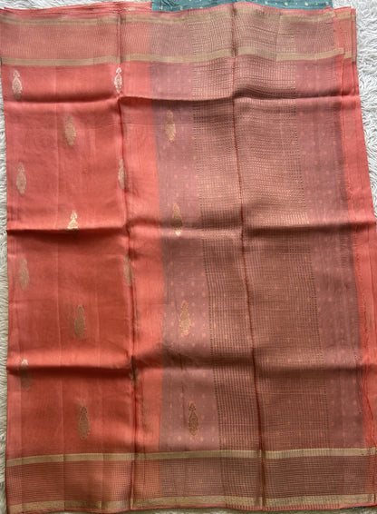 Satin Georgette Saree Peach Colored Elegantly Paired with a Zari Border. - Sampradaya Designer Studio