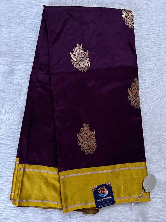 Raw Mango or Pooniya Silk Saree Grape Purple Colored Complemented With a Goldish Yellow Border - Sampradaya Designer Studio