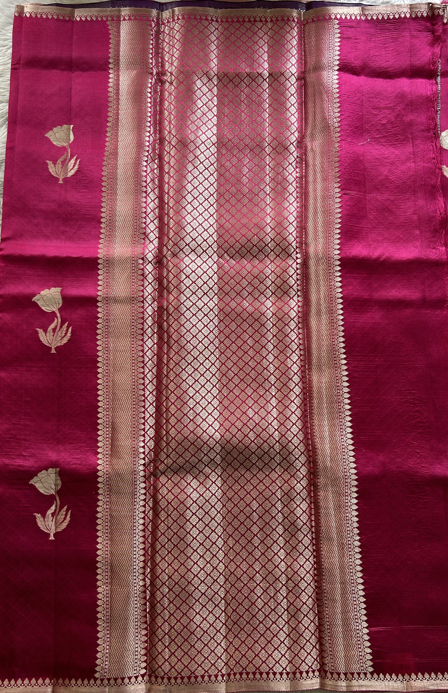 Raw Mango or Pooniya Silk Saree Dark Pink Colored Complemented With a Zari Border - Sampradaya Designer Studio