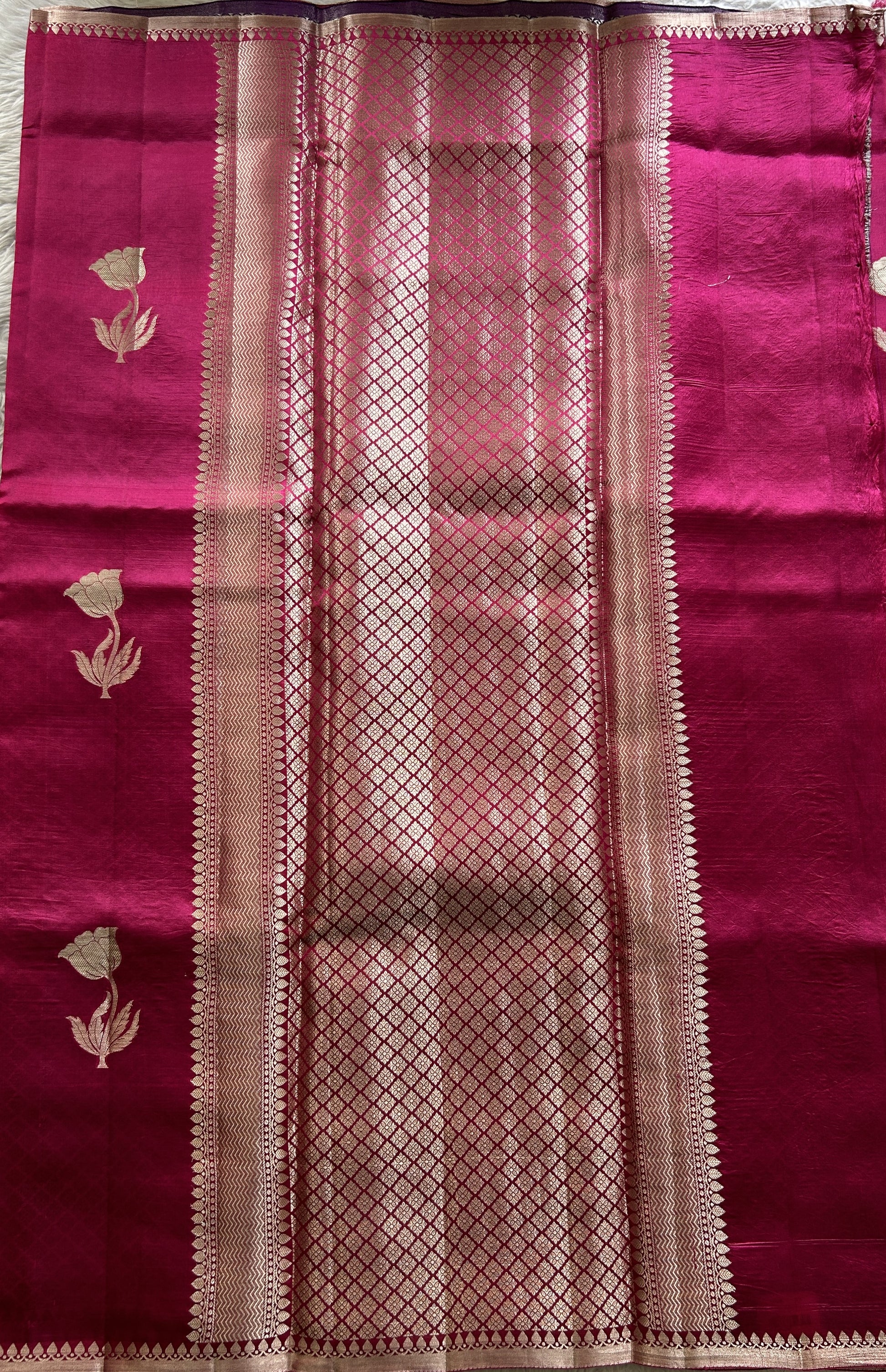 Raw Mango or Pooniya Silk Saree Dark Pink Colored Complemented With a Zari Border - Sampradaya Designer Studio