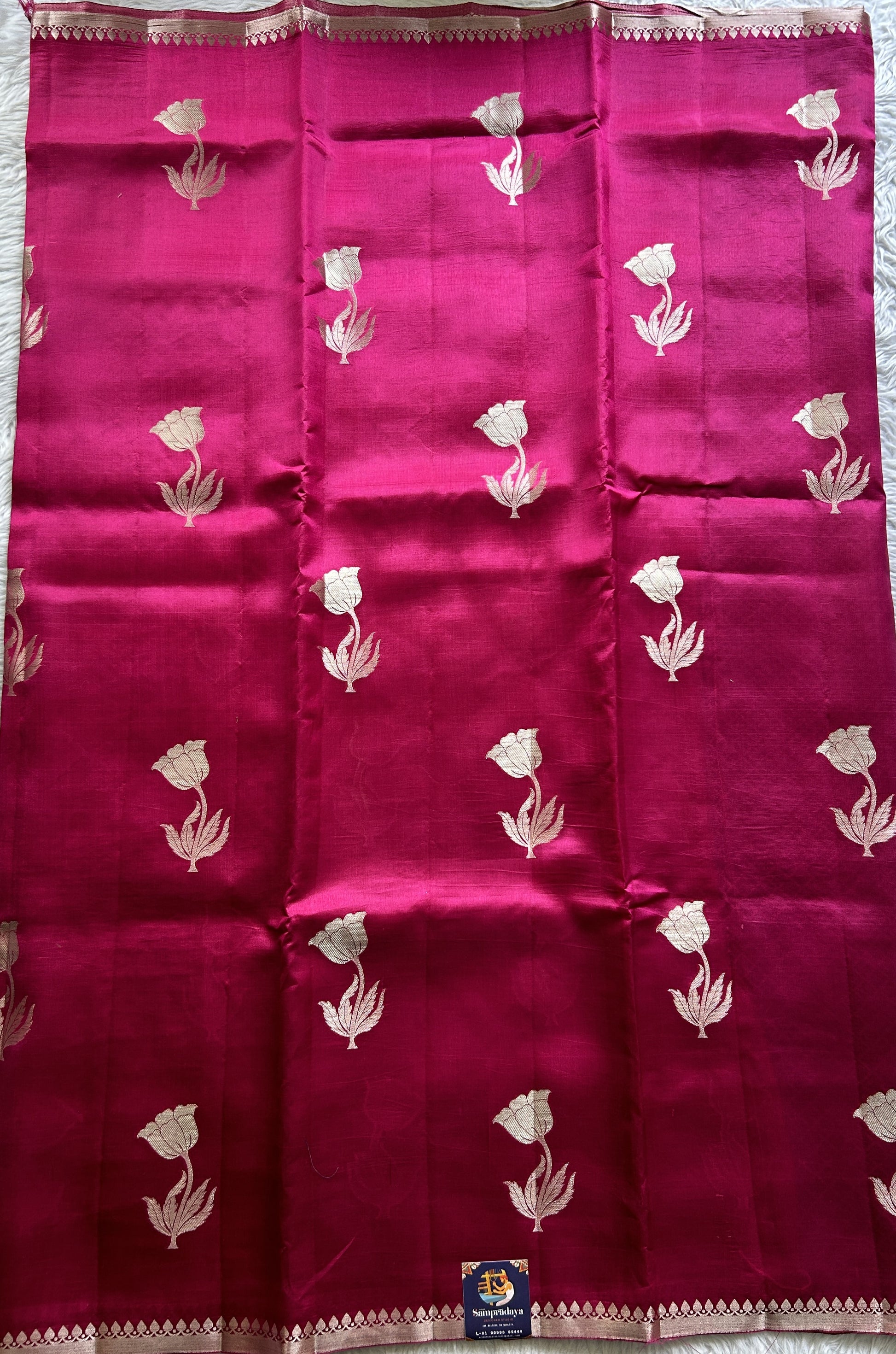 Raw Mango or Pooniya Silk Saree Dark Pink Colored Complemented With a Zari Border - Sampradaya Designer Studio