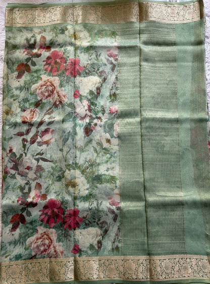 Viscose Tissue Georgette Saree Light Sea Green Colored Complemented with a Zari Border. - Sampradaya Designer Studio
