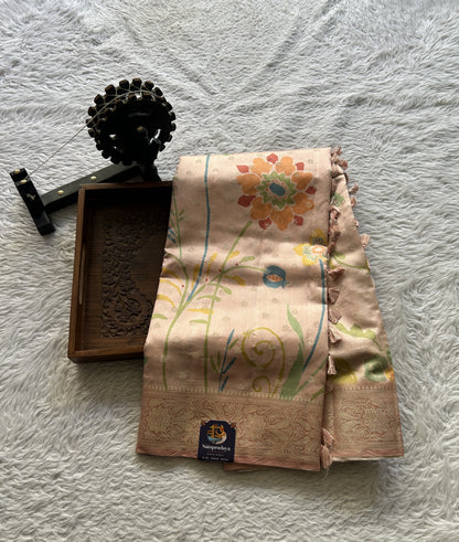 Chiniya Silk Saree Light Peach Colored Elegantly Paired with a Zari Border. - Sampradaya Designer Studio