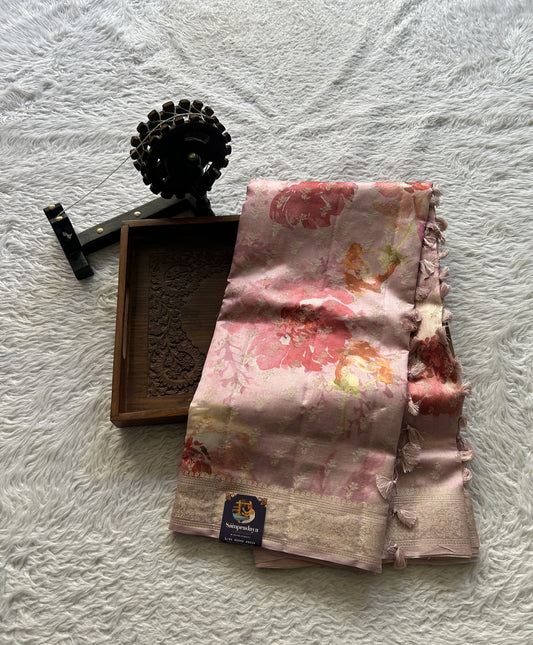 Chiniya Silk Saree Light Pink Colored Elegantly Paired with a Zari Border. - Sampradaya Designer Studio