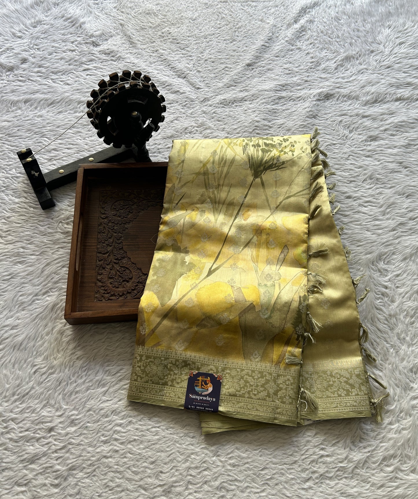 Chiniya Silk Saree Light Yellow Colored Elegantly Paired with a Zari Border. - Sampradaya Designer Studio