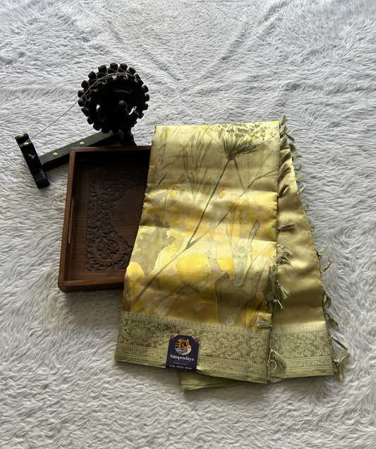 Chiniya Silk Saree Light Yellow Colored Elegantly Paired with a Zari Border. - Sampradaya Designer Studio