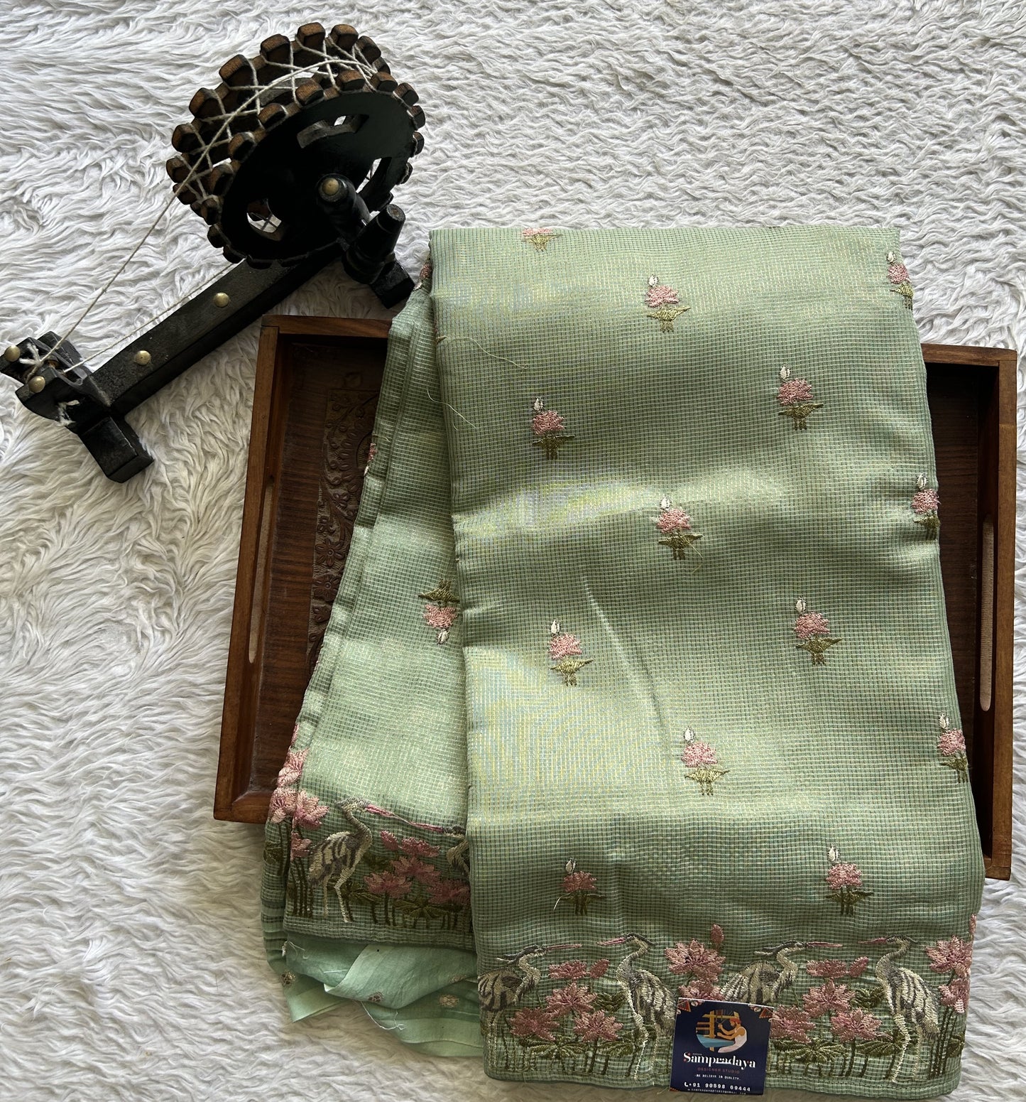 Maheshwari Chanderi Cotton Checks Saree Pista Green Colored Complemented with a Machine Embroidered And Gold Zari Border. - Sampradaya Designer Studio