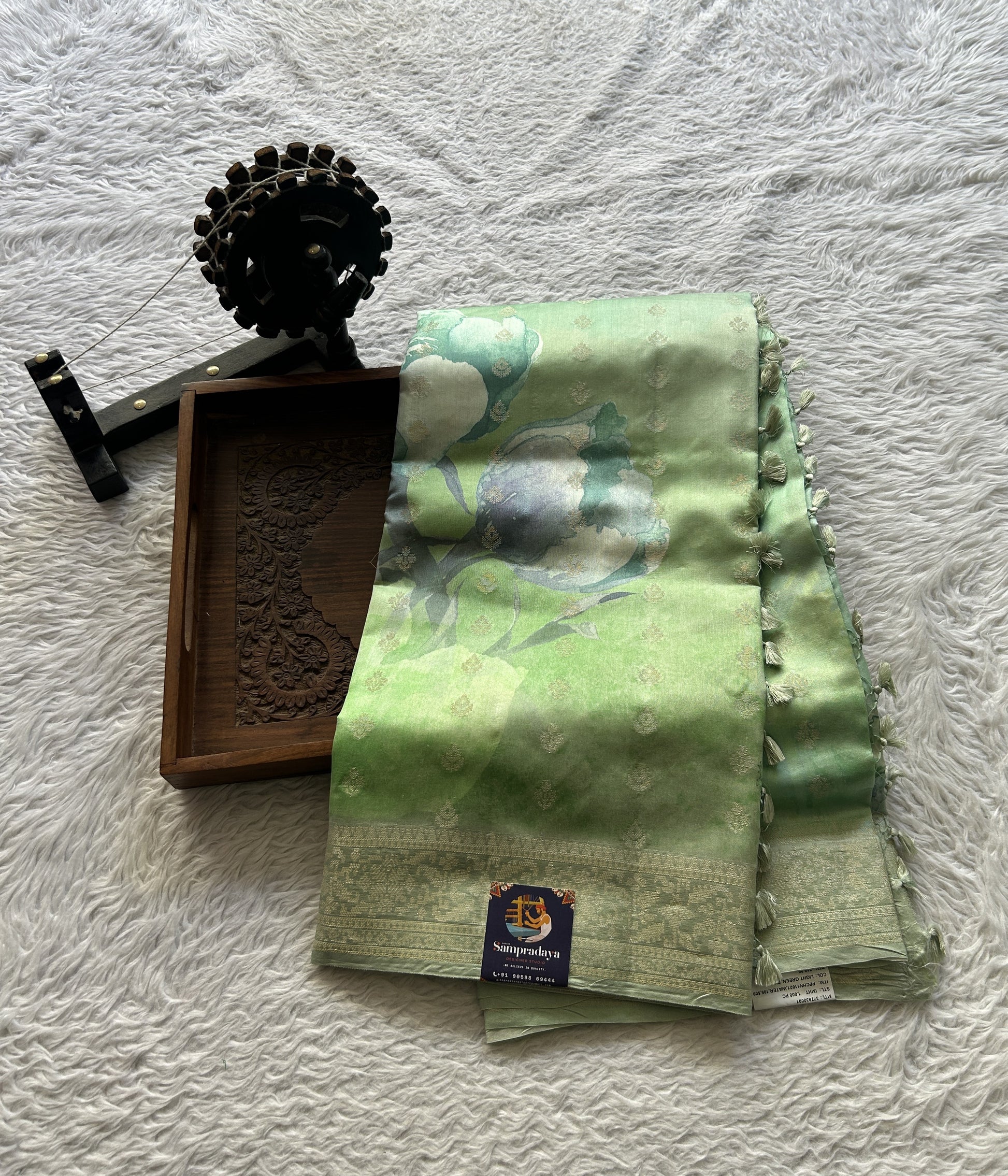 Chiniya Silk Saree Apple Green Colored Elegantly Paired with a Zari Border. - Sampradaya Designer Studio