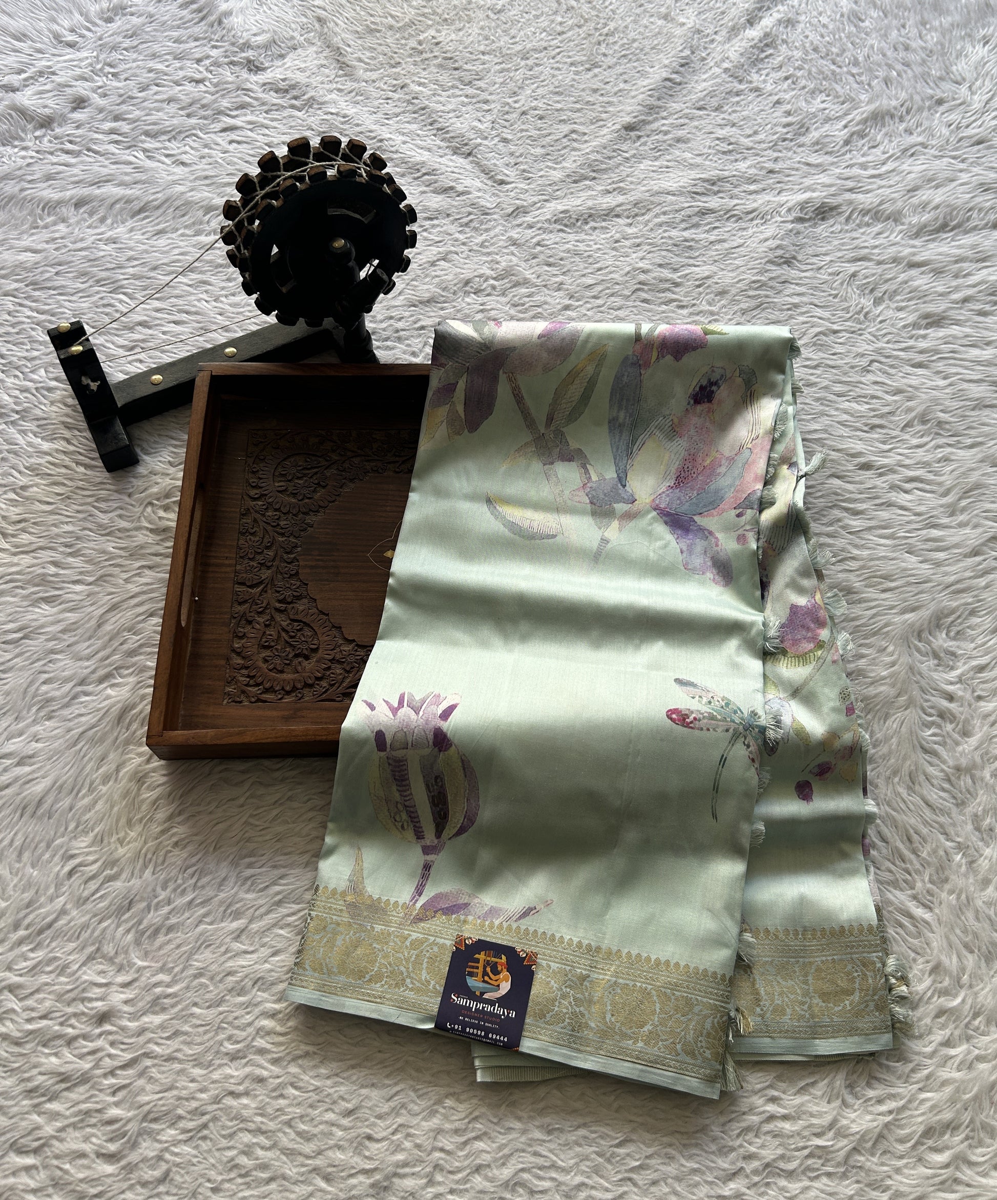 Chiniya Silk Saree Light Aero Blue Colored Elegantly Paired with a Zari Border. - Sampradaya Designer Studio