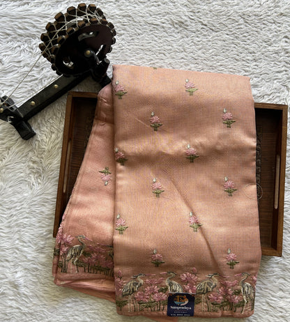 Maheshwari Chanderi Cotton Checks Saree Peach Colored Complemented with a Machine Embroidered And Gold Zari Border. - Sampradaya Designer Studio