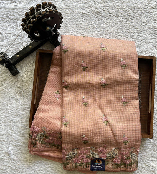 Maheshwari Chanderi Cotton Checks Saree Peach Colored Complemented with a Machine Embroidered And Gold Zari Border. - Sampradaya Designer Studio