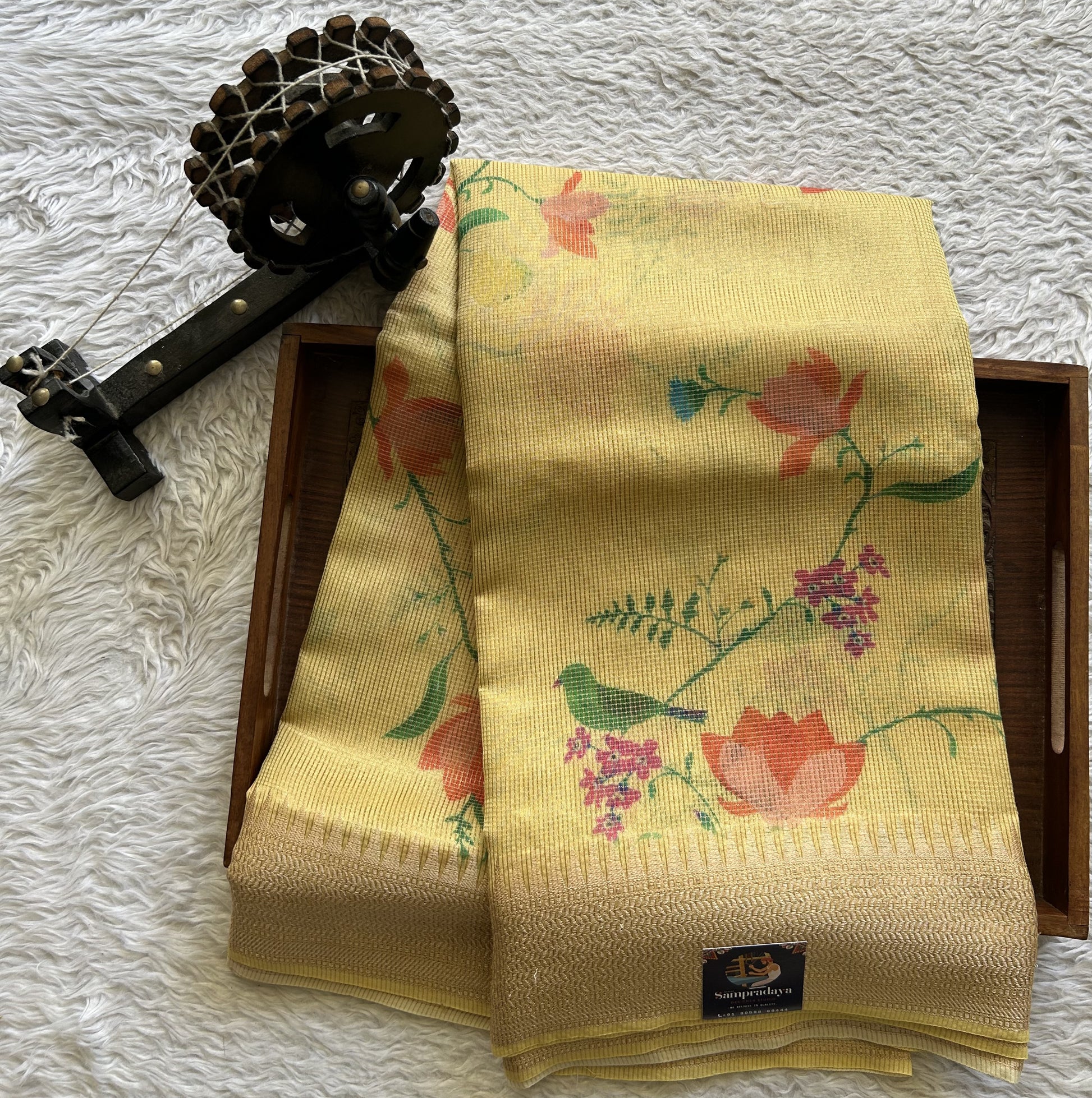 Maheshwari Chanderi Cotton Checks Saree Light Yellow Colored Complemented with a Digital Print And Gold Zari Border. - Sampradaya Designer Studio