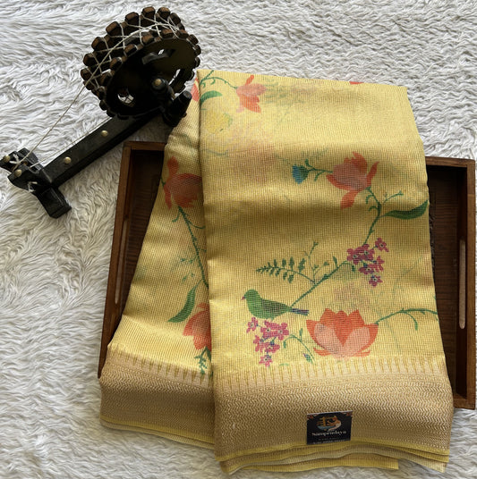 Maheshwari Chanderi Cotton Checks Saree Light Yellow Colored Complemented with a Digital Print And Gold Zari Border. - Sampradaya Designer Studio