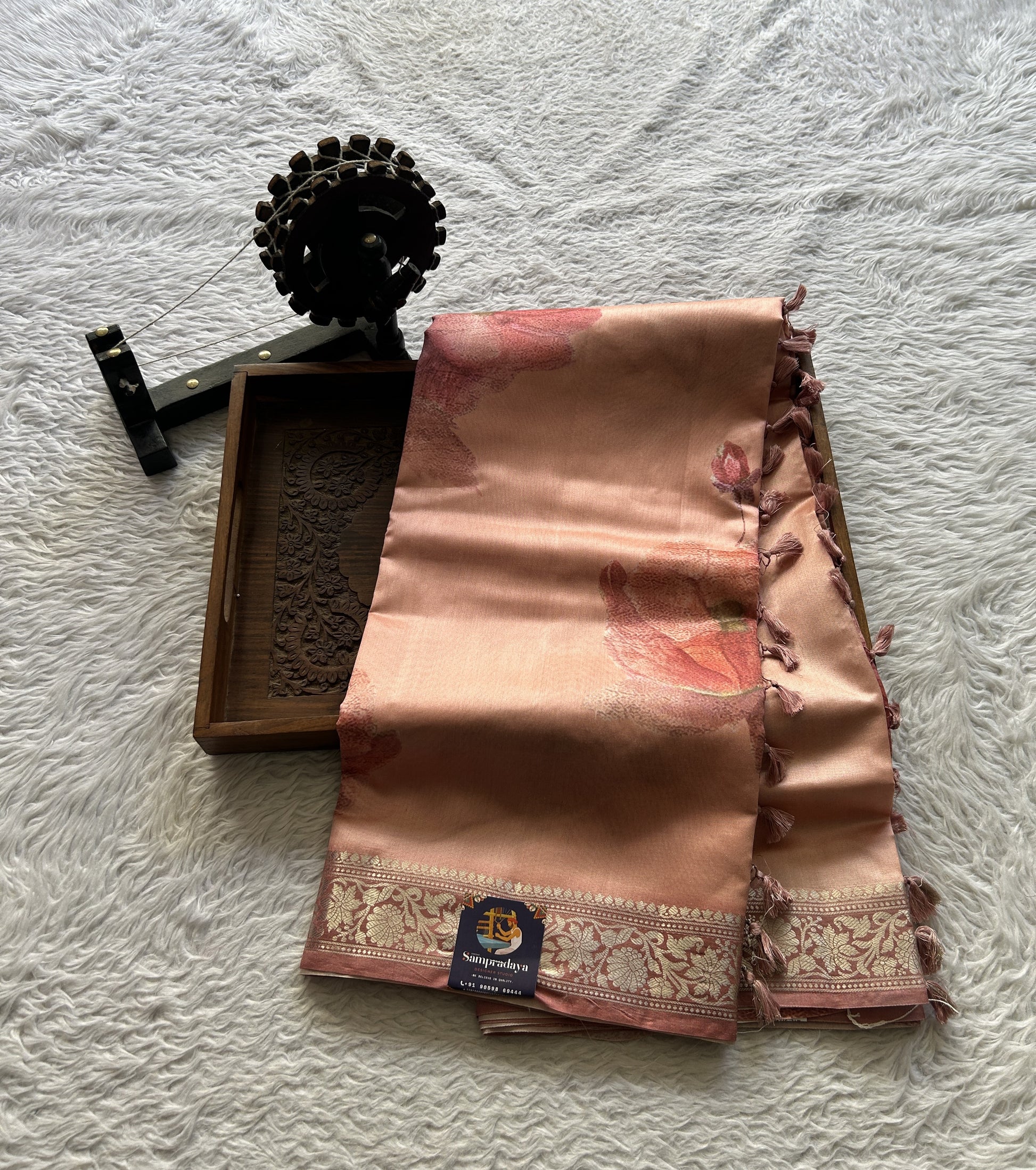 Chiniya Silk Saree Dark Peach Colored Elegantly Paired with a Zari Border. - Sampradaya Designer Studio
