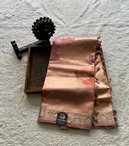 Chiniya Silk Saree Dark Peach Colored Elegantly Paired with a Zari Border. - Sampradaya Designer Studio