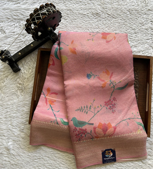 Maheshwari Chanderi Cotton Checks Saree Light Pink Colored Complemented with a Digital Print And Gold Zari Border. - Sampradaya Designer Studio