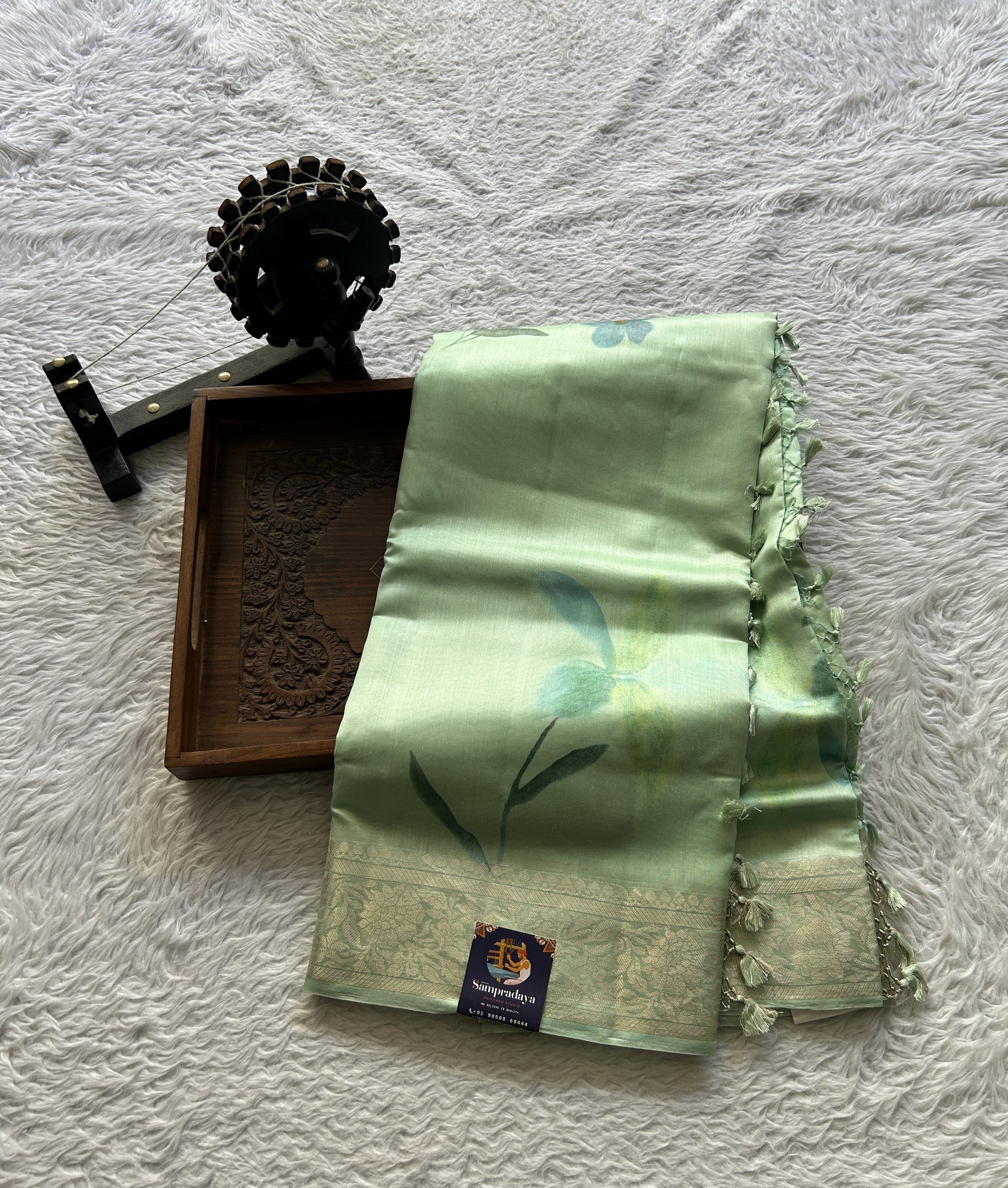 Chiniya Silk Saree Aqua Green Colored Elegantly Paired with a Zari Border. - Sampradaya Designer Studio
